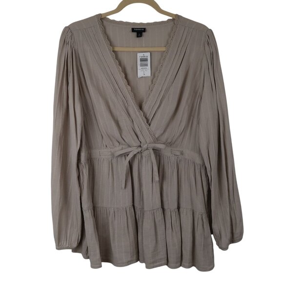 torrid Tops - NWT Torrid O L 12 Beige Tan Babydoll Tiered Top Lace Trim Long Sleeve